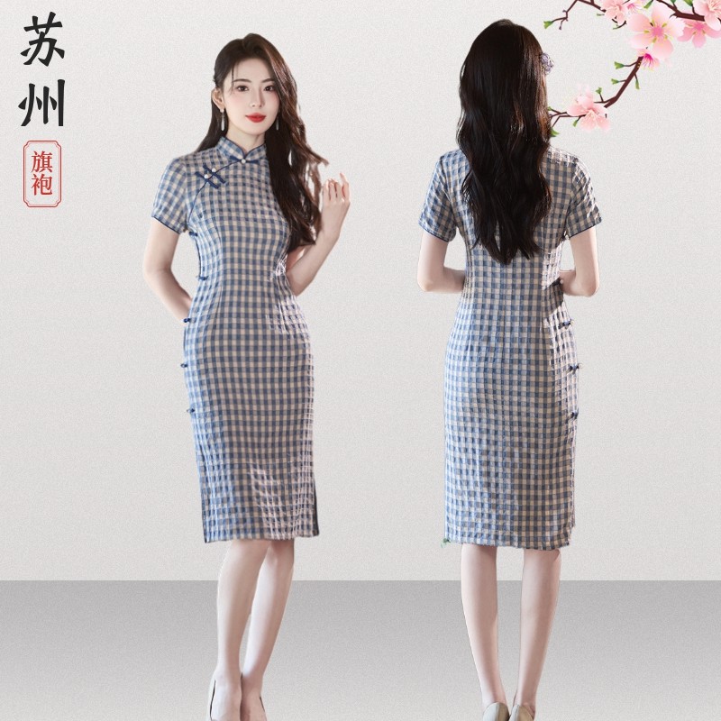 弹力棉麻格子文艺青年学生连衣裙