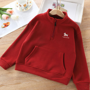 女童红色半拉链卫衣儿童马年本命年上衣加绒加厚打底衫喜庆新年服