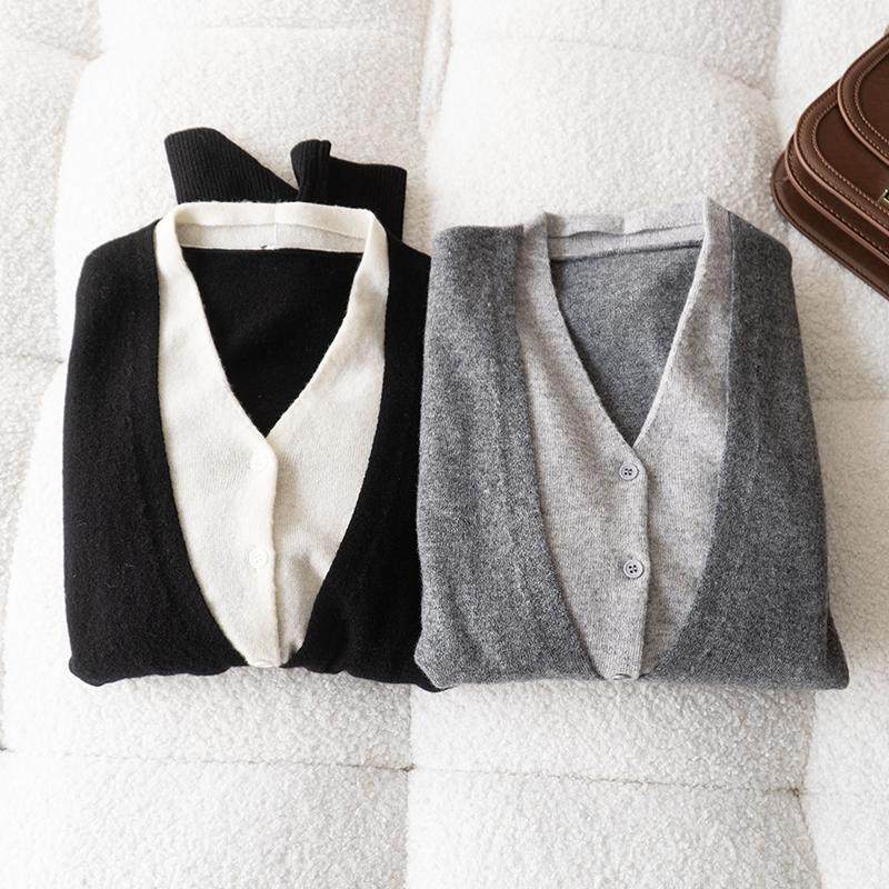 简约老钱风时尚撞色假两件V领针织衫春新款舒适亲肤全毛毛衣开衫,女装/女士精品,毛针织衫,淘宝优惠券,粉丝福利购,淘宝优惠卷