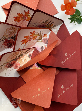 现货意大利勃艮第Burgundy红橙色里纸婚礼烫金内衬信封邀请函封套