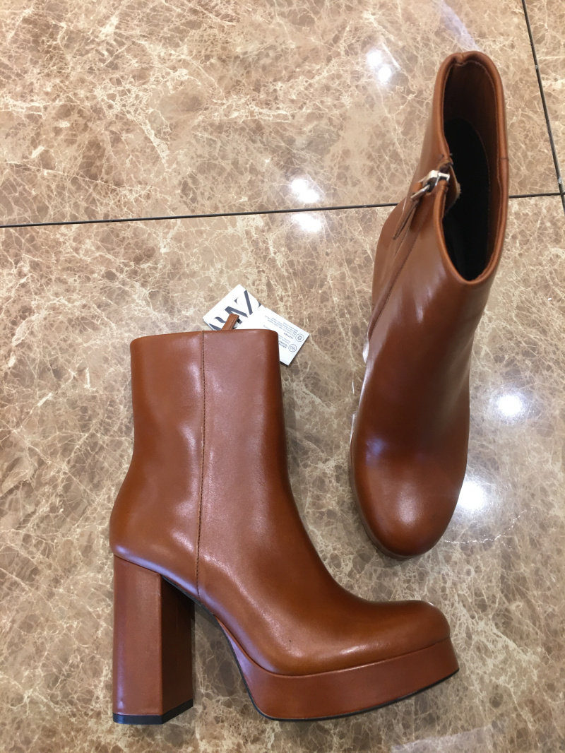 new zaranse棕色秋冬系列美拉德真皮粗跟防水台女短靴1119010 10