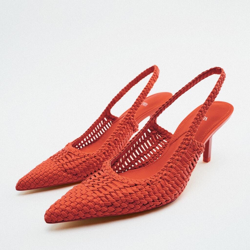 22 zaranse 珊瑚红色编织尖头浅口细高跟女凉鞋穆勒鞋1215910078