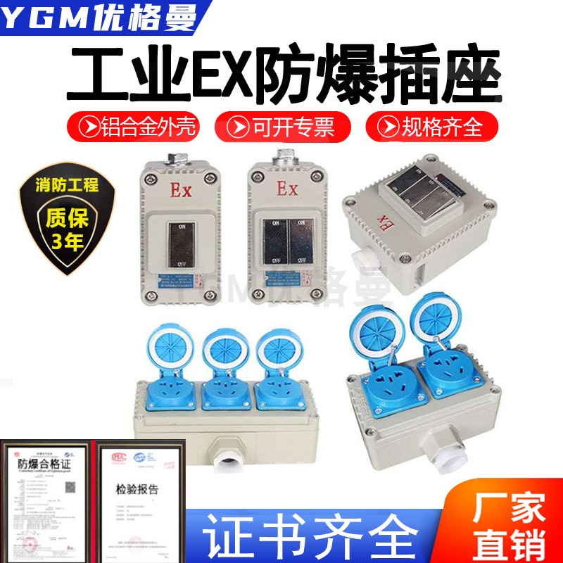 工业EX防爆插座220V防水3孔接线板插销排消防16a墙壁开关明暗装盒
