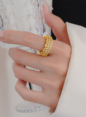 2025年新款中古金色满钻五帝钱戒指复古精致小众感钱多多指环