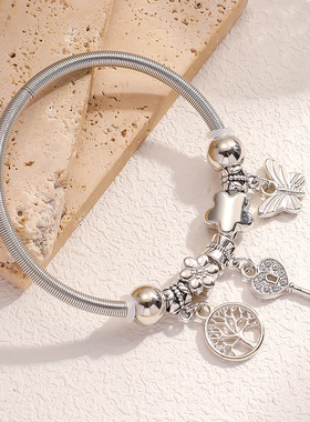 潘家风格新款DIY串珠女士手链生命树钥匙镶钻百搭可调节闺蜜手镯