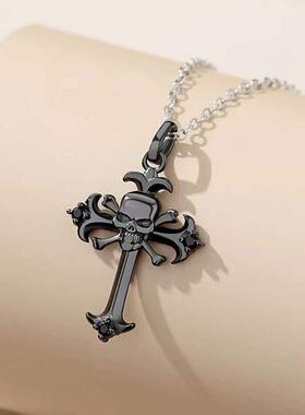 骷髅头十字架项链情侣款纯银玫瑰花原创设计吊坠万圣节礼物送男女