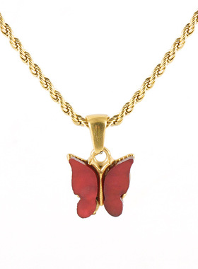 跨境欧美ins风不锈钢蝴蝶项链个性时尚红色蝴蝶吊坠钛钢麻花链女
