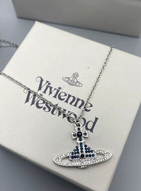 西家Kika系列满钻彩钻大logo土星项链女简约百搭镀白金钛钢链