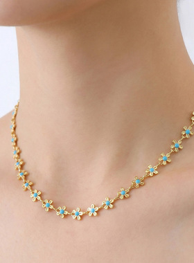 欧美ins风个性金花朵蓝色滴油项链简约时尚轻奢不锈钢镀18k金饰品