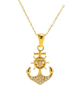 欧美跨境不锈钢镀18K船锚项链女轻奢气质微镶锆石吊坠钛钢锁骨链