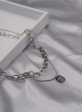 2021嘻哈酷潮个性流行方牌钛钢项链双层叠戴男女项链ins冷淡风