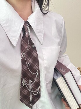原创jk日韩学院风领带复古格纹十字架链条领结时尚感衬衫配饰