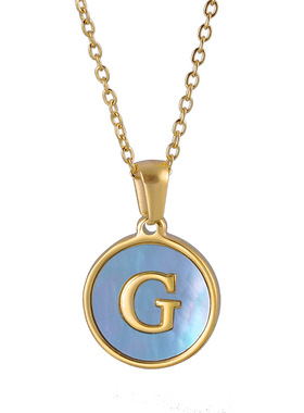 跨境18K金不锈钢字母宝石吊坠钛钢A-Z圆形宝蓝色贝壳项链女