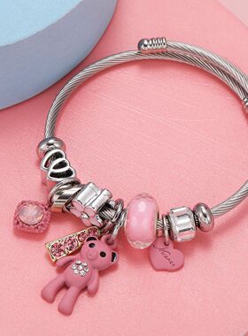 亚马逊热销潘家风格粉色小熊吊坠手镯时尚个性夸张可调节女士手链