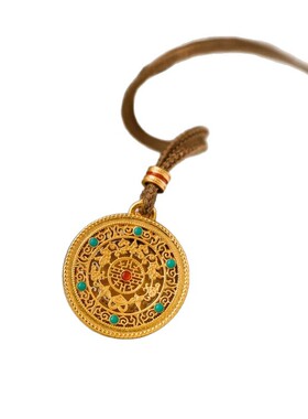 五福圆满黄金色八宝罗盘古法福字长款情侣项链配饰男女毛衣链吊坠