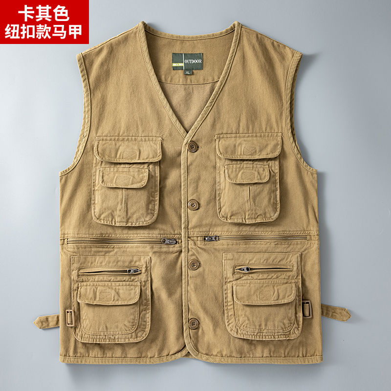 男士纯棉马甲外穿春秋爸爸多口袋坎肩中老年休闲马夹户外钓鱼背心
