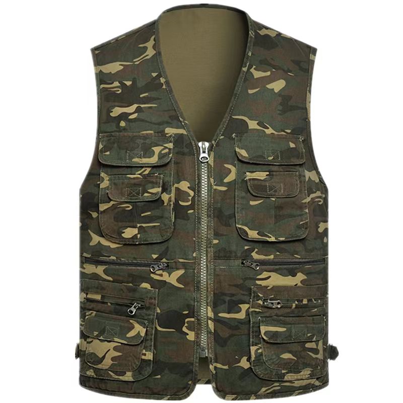 男士马甲春秋全棉多口袋迷彩坎肩爸爸马夹中老年户外摄影钓鱼背心
