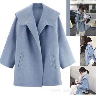 韩国设计水灵慵懒奶油蓝海军领双面呢休闲手缝羊绒大衣外套冬爆款