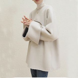 定制高支全羊毛双面羊绒宽边翻袖开衩设计感阔型套头式大衣女外套