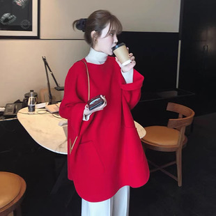 定制手工双面呢红色纯羊毛连衣裙女秋冬高端韩版宽松卫衣羊绒大衣