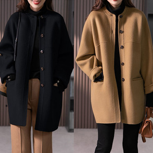 高端定制颜色新款纯羊毛手工双面羊绒大衣休闲中长款直筒外套女秋