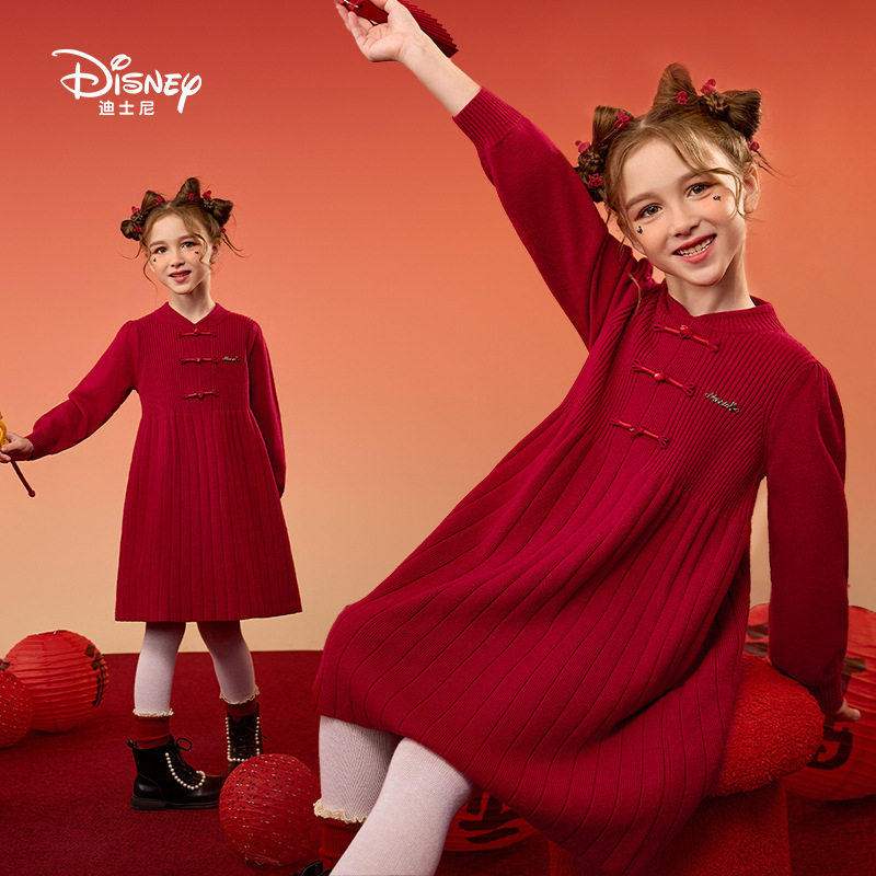 迪士尼童装儿童连衣裙2026春季新品长袖裙子女童红色礼服公主裙