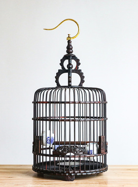 红木红酸枝画眉鸟笼子竹手工雕刻鹦鹉八哥绣眼相思鹩哥圆鸟笼大号