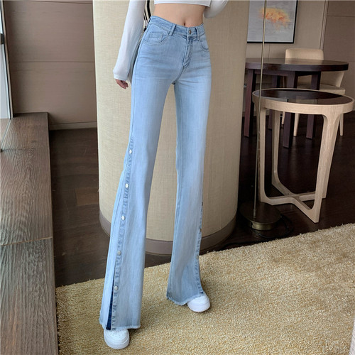 New style stretch slim fit split breasted horn denim wide leg mops