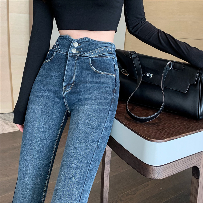 Real price fleece thickened Beaded fashion boots and trousers elastic new high waist design small leg jeans