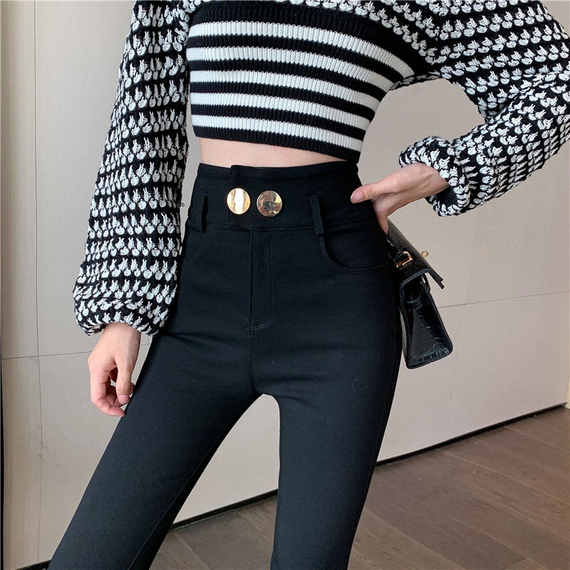 Real price real price autumn and winter clothes elastic high waist with hip lift shows thin and tight new pencil jeans with large golden buttons