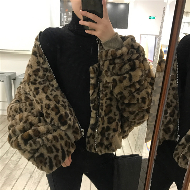 New style bat sleeve loose casual thickening leopard print wool long sleeve short jacket cardigan