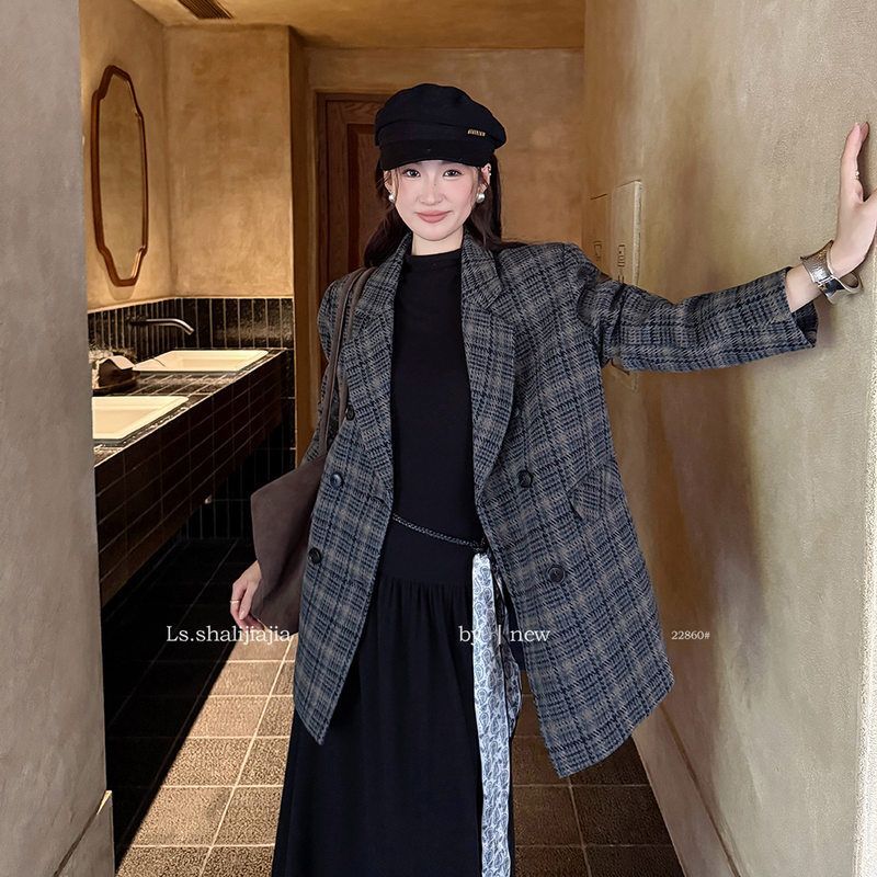 LS述致 高级感复古格纹加厚西装外套女2025秋冬新款女装上衣22860