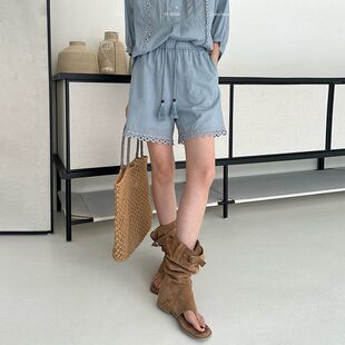 ELSISSI设计感下脚花边抽绳短裤2026新款高腰显瘦宽松休闲裤女夏