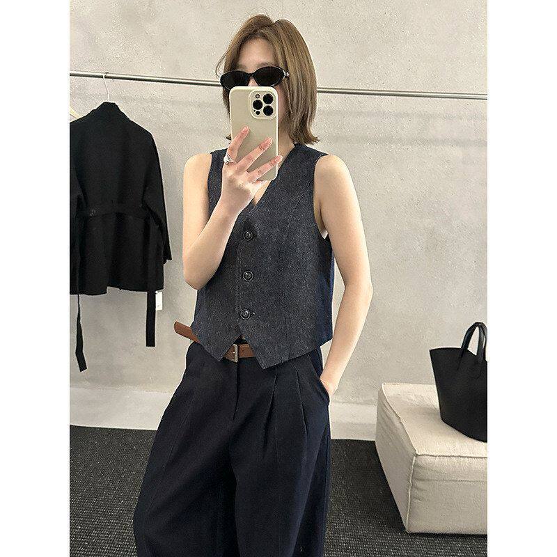 MMC DITION亚麻牛仔马甲女外穿时尚2026春季新款显瘦韩系v领背心