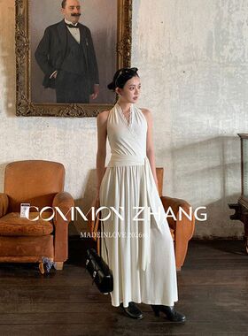 CZ ZHANG春蕾丝拼接花边挂脖吊带连衣裙女法式绑带收腰长裙C16382