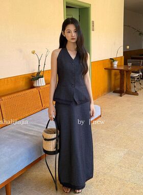 LS 优雅挂脖v领小衫+半身裙套装广州十三行2026春新款套装23101#