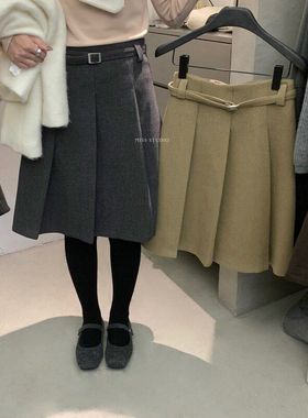 【MISS密思】韩系百搭休闲加厚呢子压褶中裙半身裙(配腰带)W6940