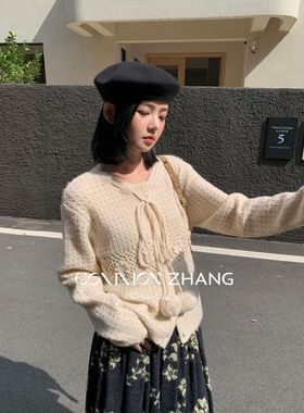 CZ ZHANG秋冬羊毛亲肤针织开衫女甜美花朵休闲减龄毛衣外套B45203