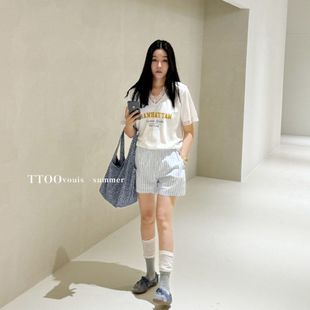 口字母正肩短袖 TTOO 2177甜美V领蕾丝拼接袖 VOUIS夏季 T恤女薄 新款