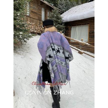 CZ ZHANG圣诞氛围感紫色提花粗花呢披肩围脖女冬保暖围巾B49003-9