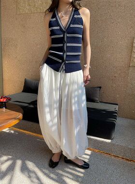 万为 天丝透气休闲裤女2026春新款褶皱束脚抽绳松紧腰灯笼裤P5278