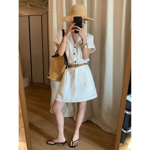 韩迅 老钱风轻度假 衬衫式系皮带收腰凉感连衣裙女2026夏款26822