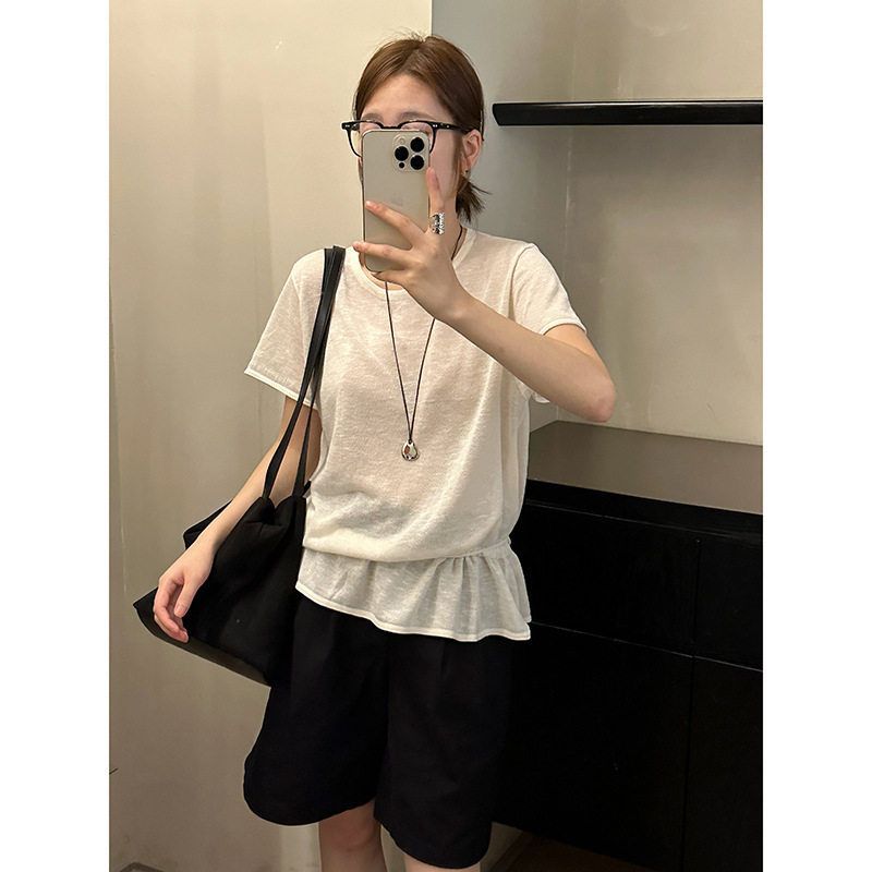 MMC白色短袖t恤女夏季新款薄韩系设计感高级收腰显瘦正肩苎麻上衣