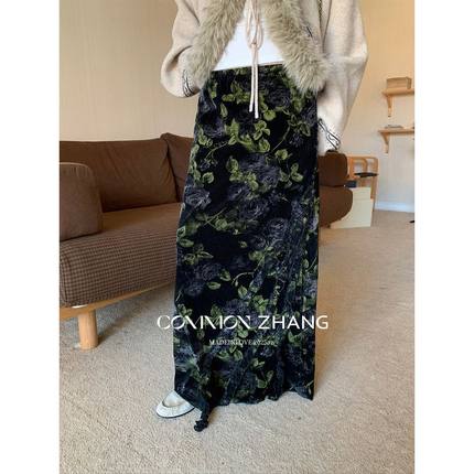 CZ ZHANG秋冬复古印花高腰半身裙女百搭花边拼接包臀一步裙B42139