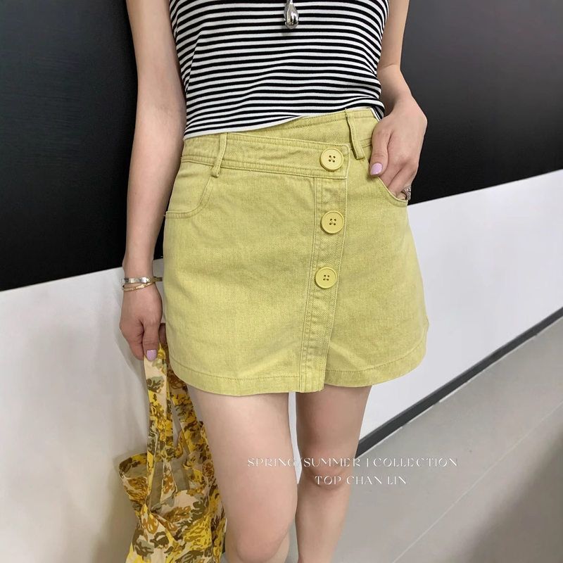 topchanlin 不规则设计韩版ins潮假两件a字高腰牛仔短裤裙裤女