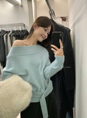 【MISS密思家】气质小女人宽松一字领斜肩两穿百搭款毛衣11507