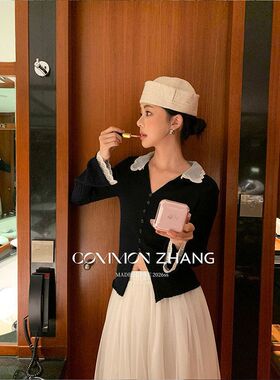 CZ ZHANG春蕾丝拼接羊毛套头长袖针织衫女花边V领露脐小衫 C15847