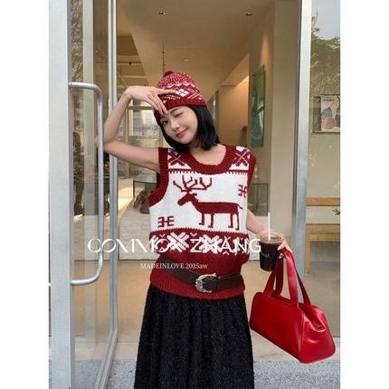 CZ ZHANG圣诞氛围感羊毛提花针织马甲女秋冬毛衣背心+帽子B45301