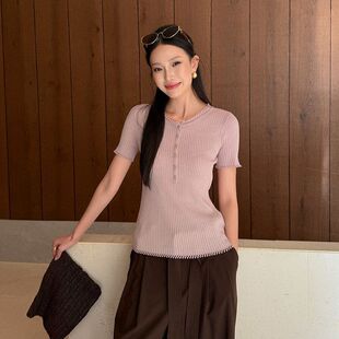 ELSISSI设计感修身显瘦坑条短袖针织t恤女夏修身短款纯色上衣小衫