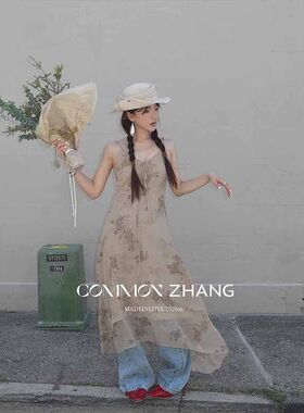 CZ ZHANG春复古印花气质吊带连衣裙女高腰修身A字大摆长裙 C16590